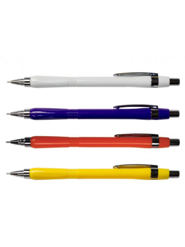 Creion mecanic 0,5mm, varf retractabil, corp color, clip si accesorii metalice, pretabil pentru personalizare