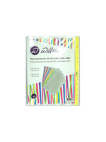 Folie protectie documente A4, cristal 90 microni, cu margine color 50 buc/set Willgo