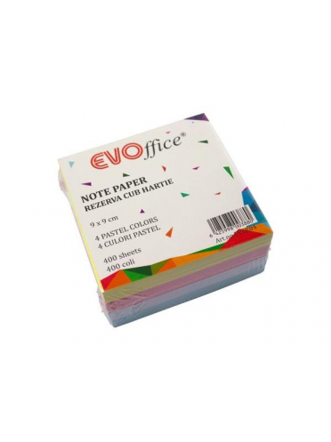 Rezerva cub 9*9 (+/-3%) cm, tiplat, hartie color 80 g, 400 file (4 culori pastel)