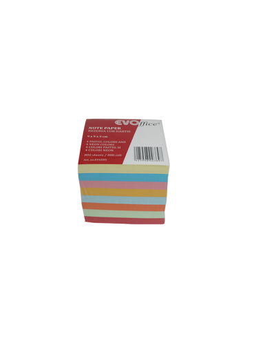 Rezerva cub 9*9 (+/-3%) cm, tiplat, hartie color 80 g, 800 file (4 culori pastel + 4 culori neon)