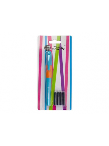 Stilou plastic cu rubber grip (ideal pt incepatori) si 5 rezerve cerneala, ambalare blister Willgo - albastru cu portocaliu